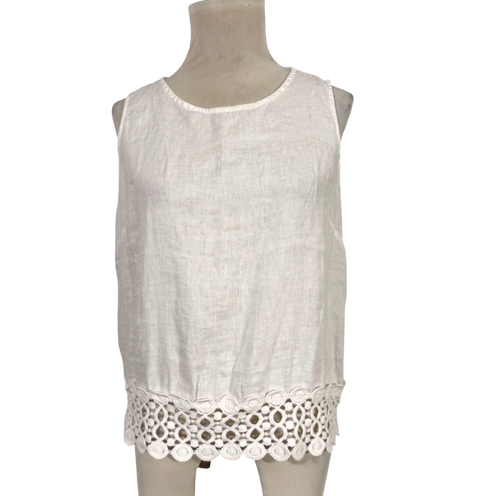 KENAR Linen Crochet Trim‎ Tank Top White Sleeveless Women's M Summer Cruise Boho